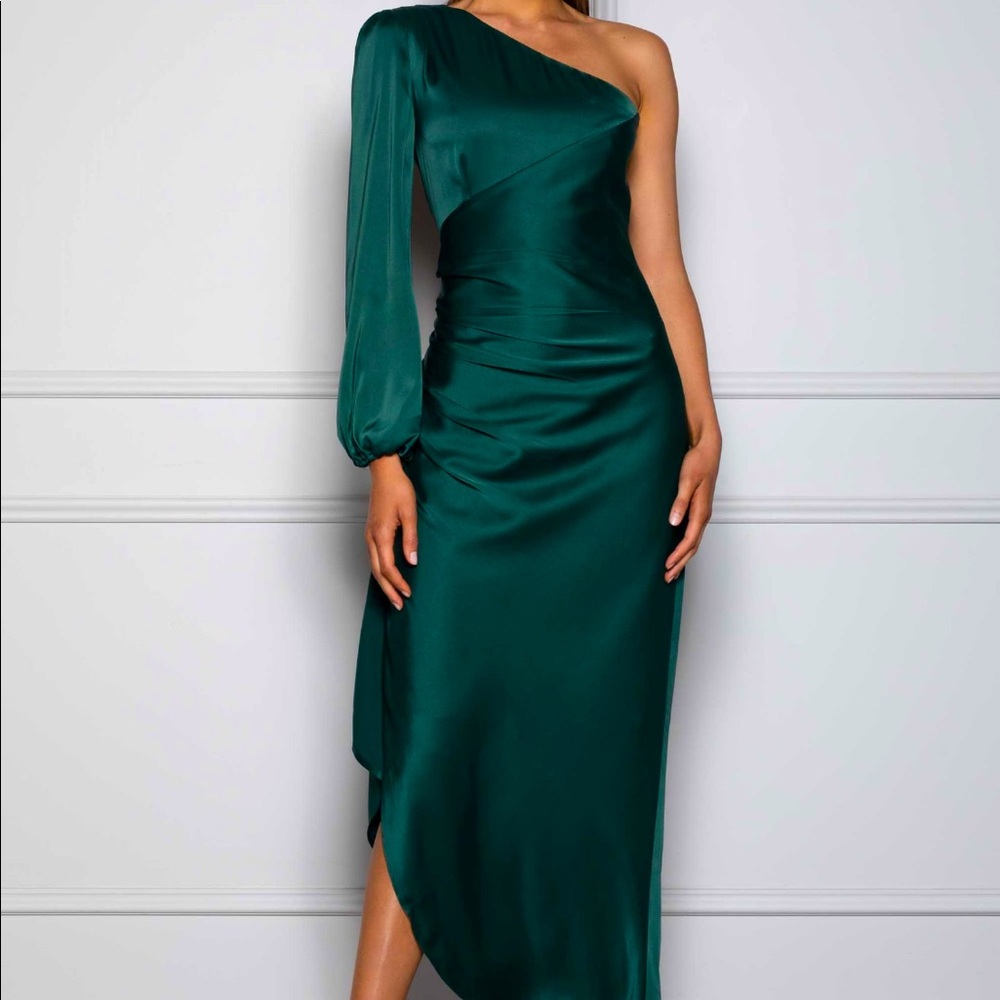 NWT Elle Zeitoune brand Green Draped One Shoulder Satin Dress US Sz 8